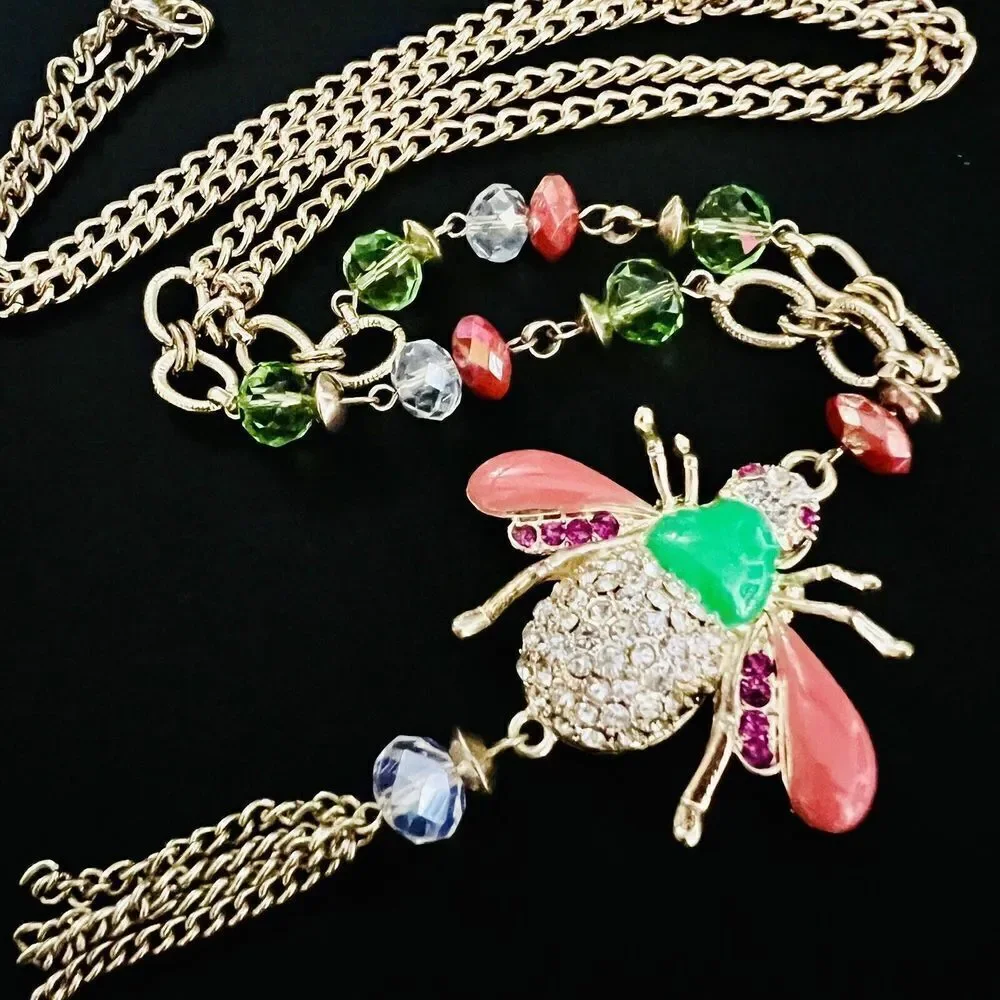 Whimsical BUMBLE BEE Pink Green Rhinestone Enamel Crystal Pendant Necklace